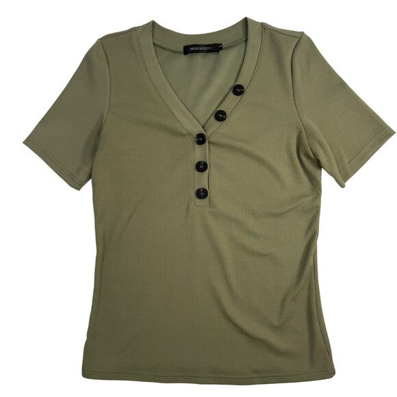 Merokeety Women’s Small Olive Green Ribbed Button Top Short Sleeve Casual - Picture 1 of 4